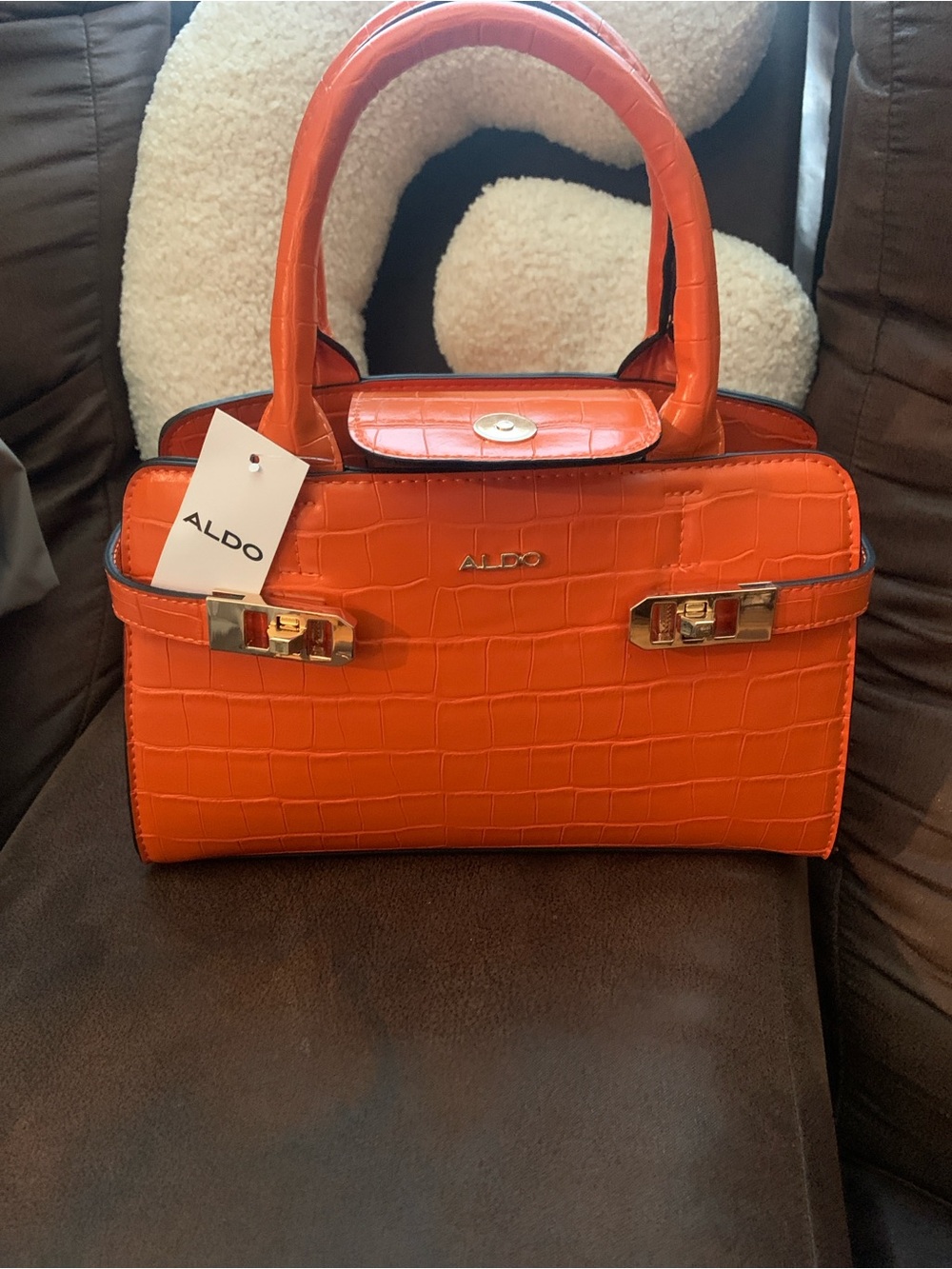 ALDO Orange Croc-Embossed Top Handle Satchel with Gold Hardware Small Bag
